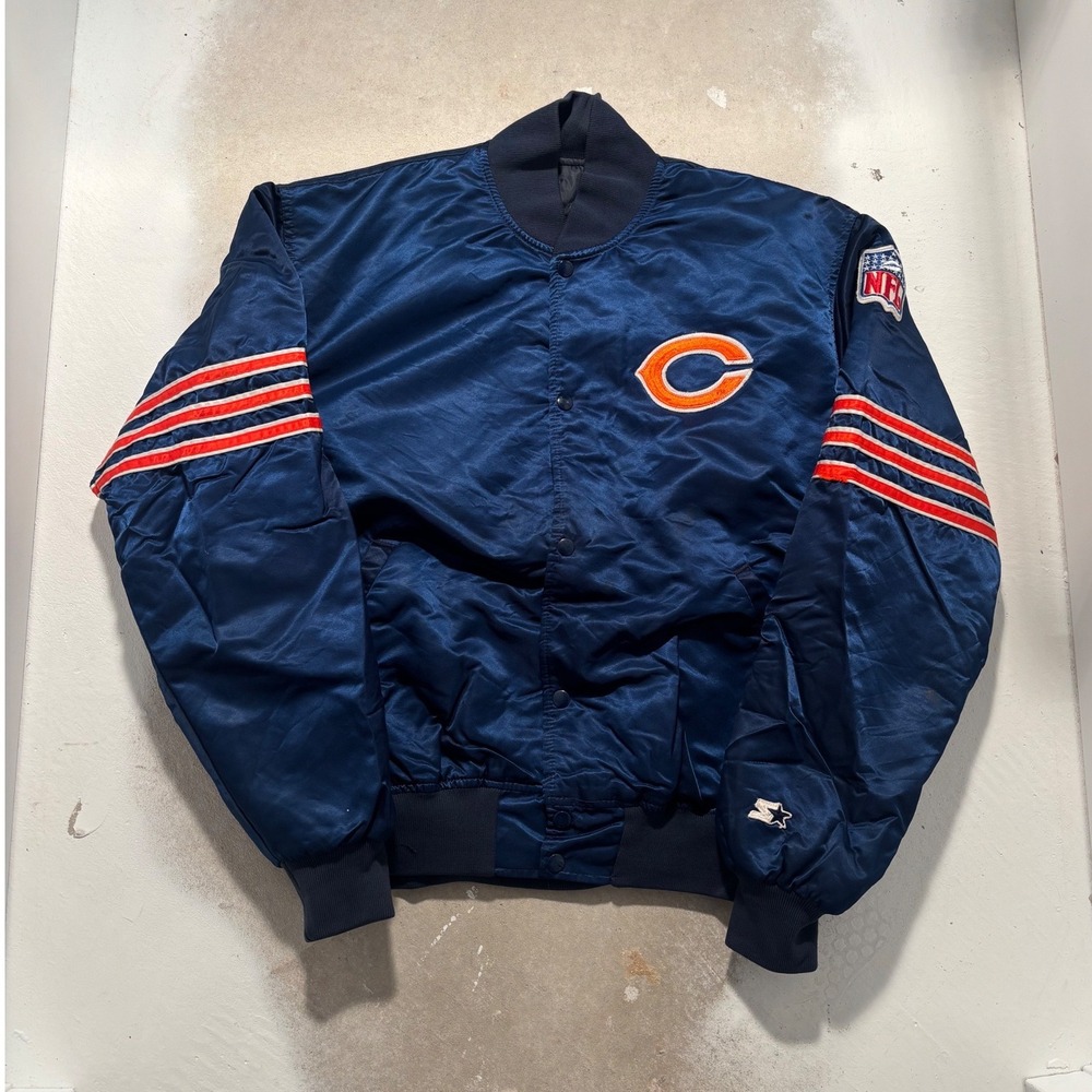 Vintage Chicago Bears Starter Satin Bomber Jacket Navy Blue NFL Pro Line XL